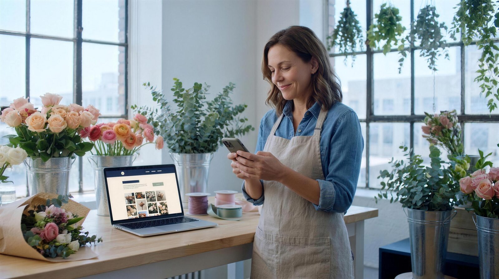 The florist in her studio, smiling at her phone, her app open on the laptop beside her