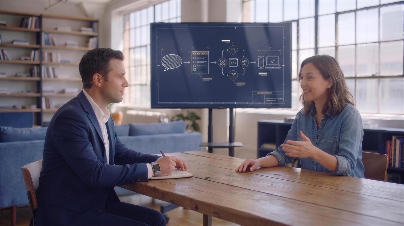 A product owner describing her idea while an AgentC agent takes notes; a process blueprint on the screen behind them