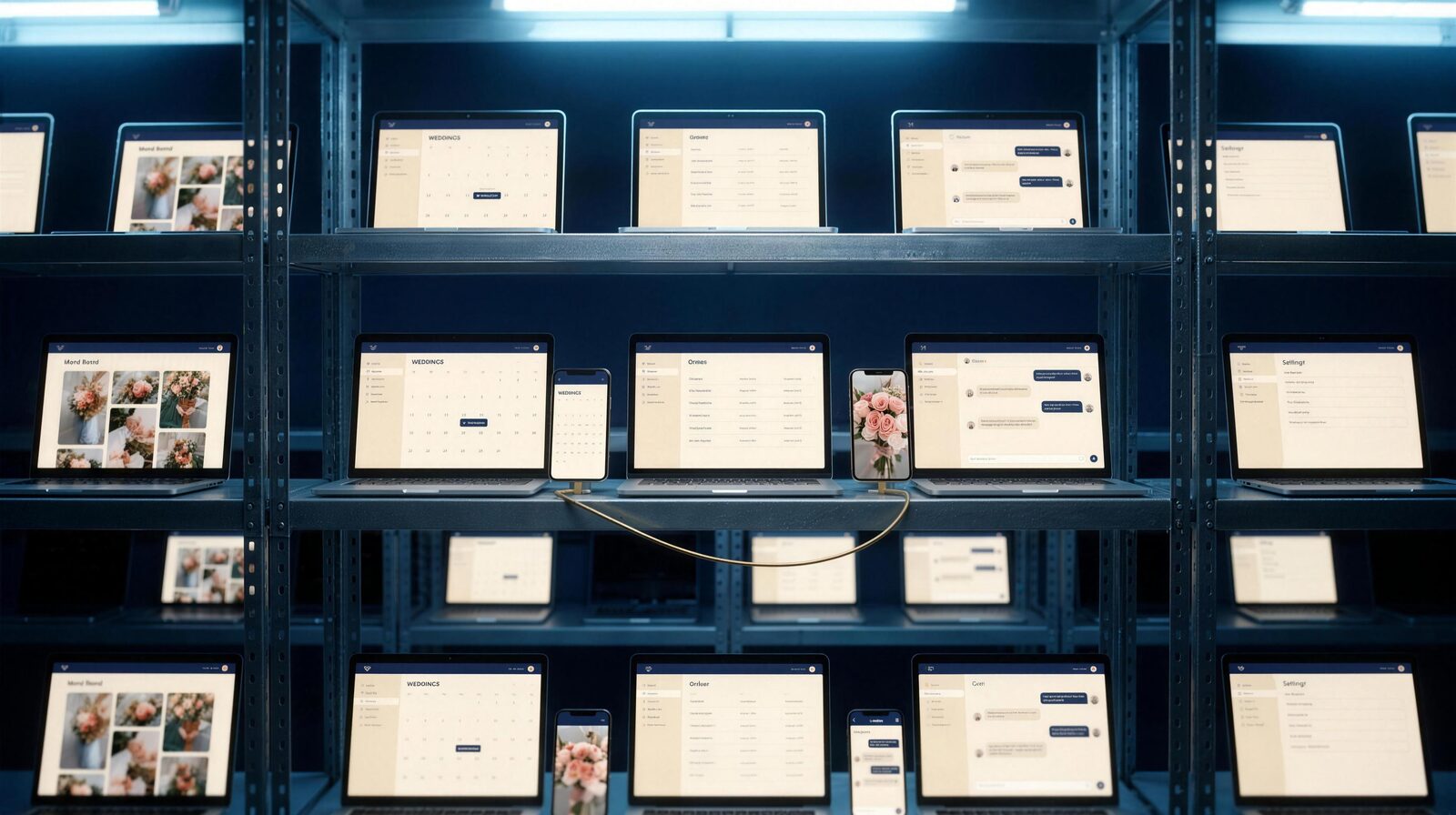 A wall of laptops and phones, each running a different screen of the same app