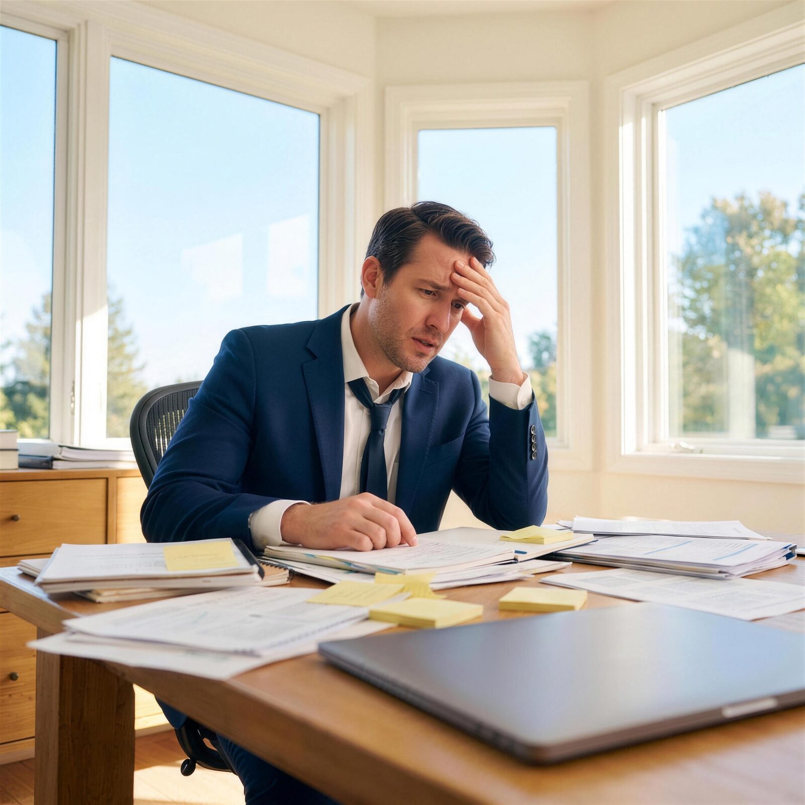A man at a paper-covered desk, head in hand, doing everything himself