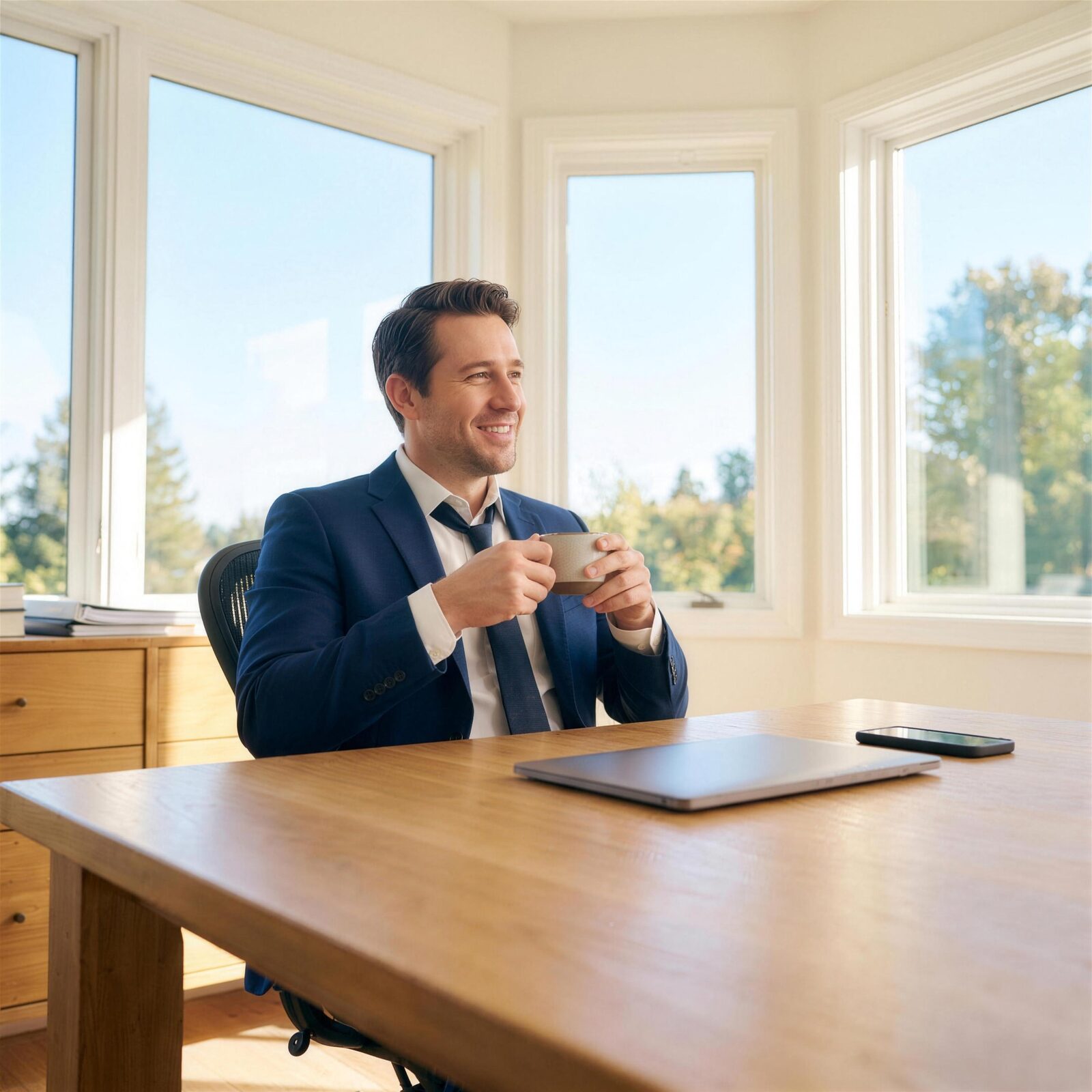 The same man at the same desk, clear and unhurried, coffee in hand